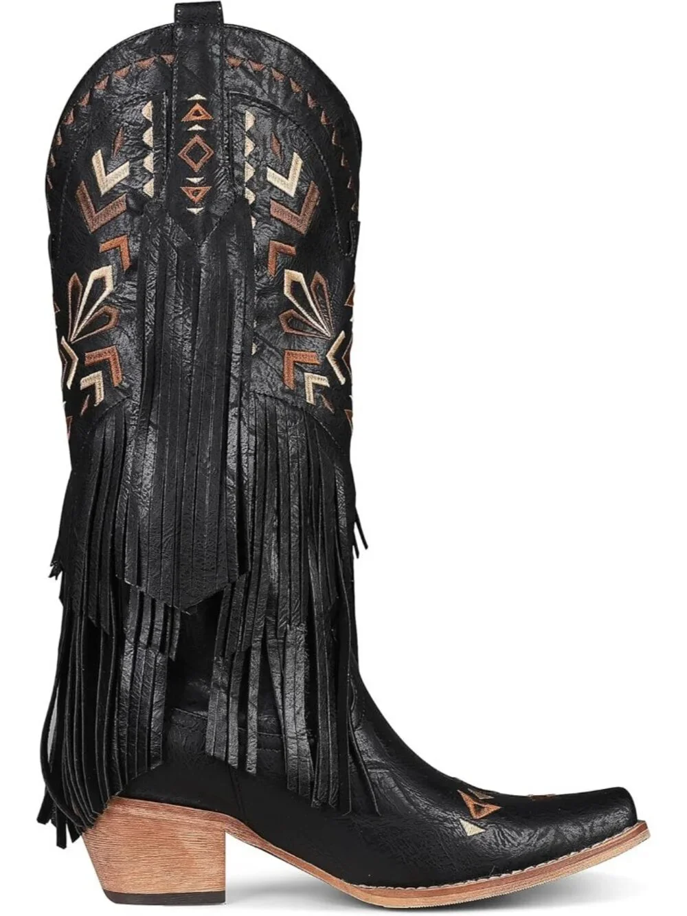 Women's Black Cowgirl Knee High Fringe Boots Rubber Fleece Microfiber